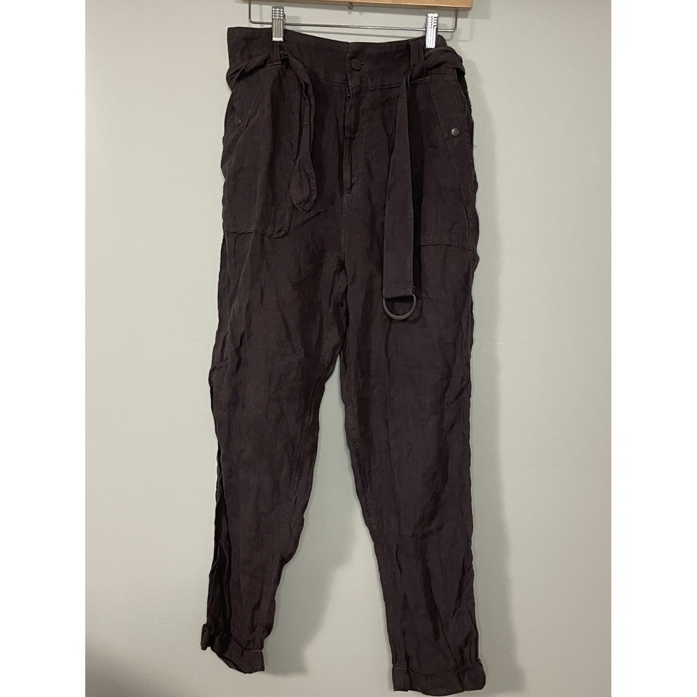 Tahari 100% Linen Belted Pants Womens Brown Straight Leg Nautical Size L EUC